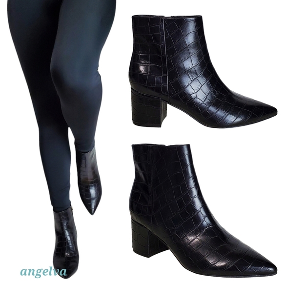 New Marc Fisher jelly faux leather embossed croc block heel ankle boots black - Picture 2 of 16